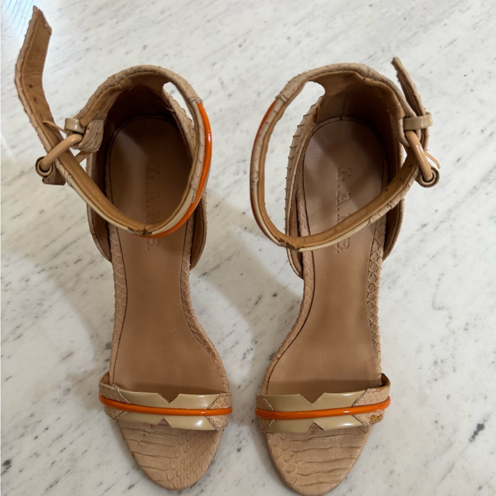 LAMB Gwen Stefani Beige Orange Leather Heels Ankle Strap Platform Stiletto